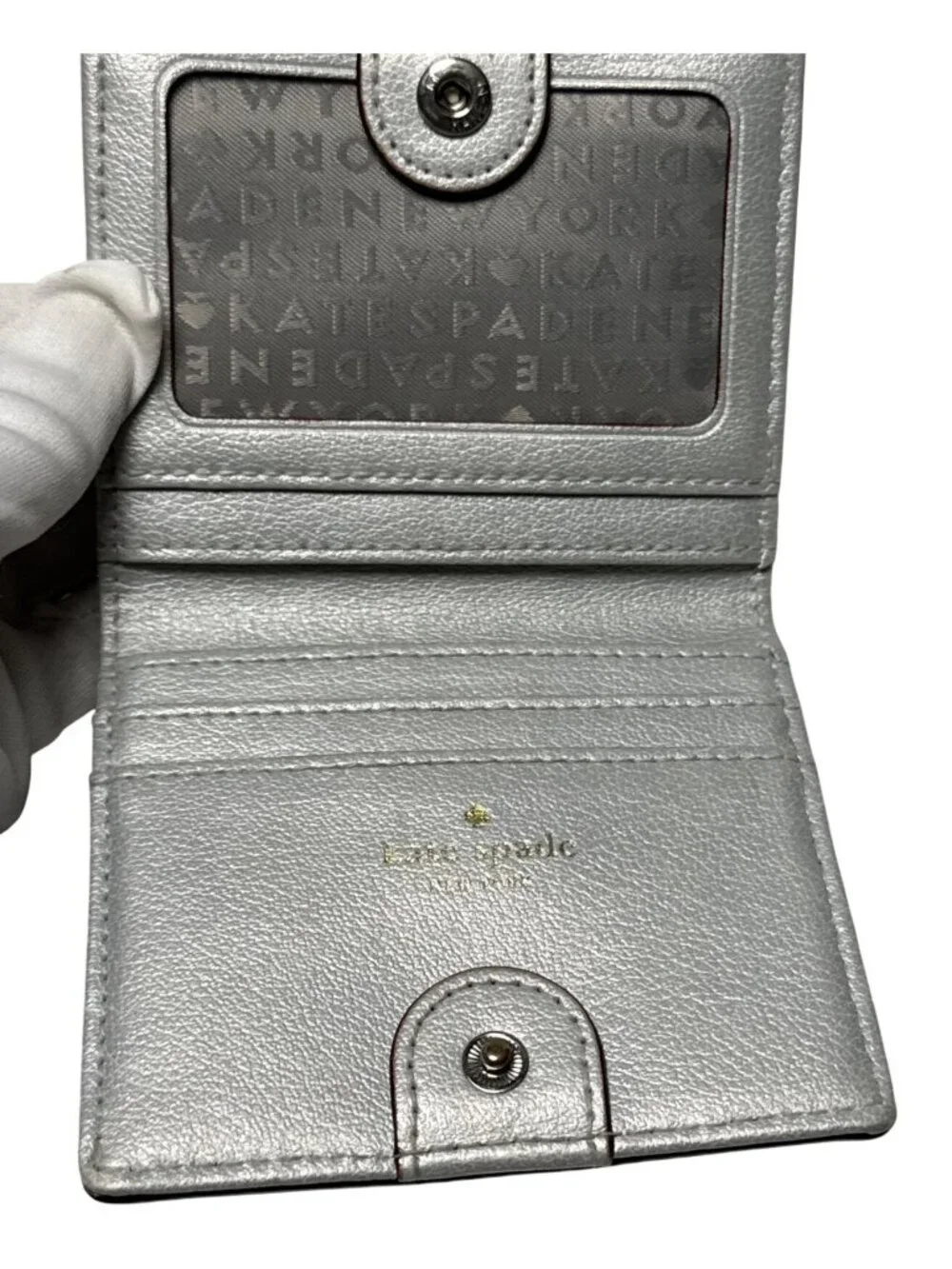 Kate Spade Silver Glitter Compact Wallet With Coin Pocket & Card Slots
